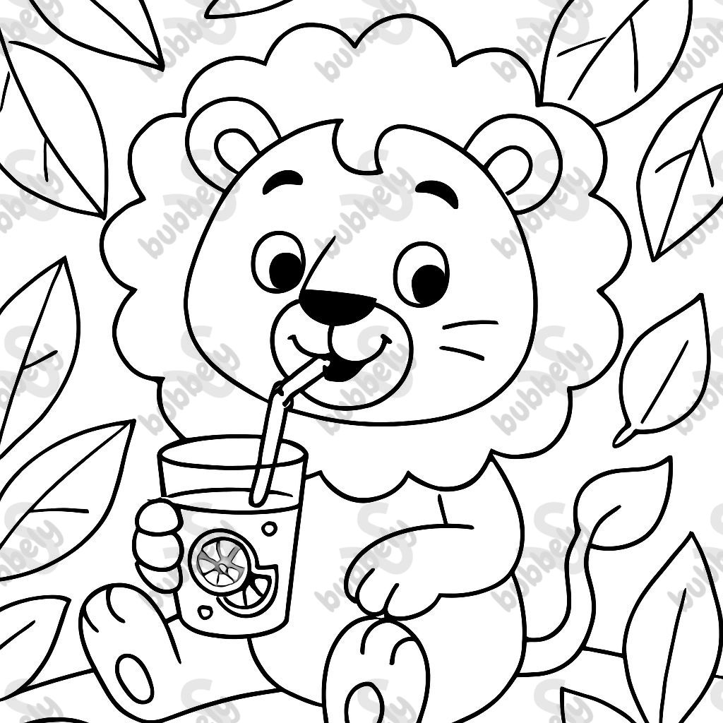 León bebiendo limonada con fondo de hojas. León bebiendo limonada con fondo de hojas.