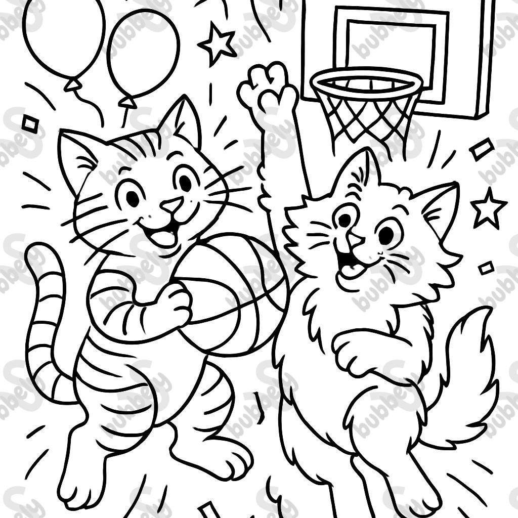 Cat Basketball Birthday Card with one tabby cat and one fluffy black and white cat. Cat Basketball Birthday Card with one tabby cat and one fluffy black and white cat.