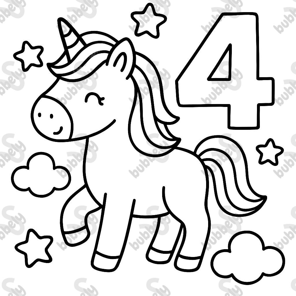 A cute unicorn coloring page for preschoolers, very simple line art with bold outlines, minimal details, no shading, clear white background. The unicorn should look friendly and easy to color, surrounded by stars or clouds. Include a large number ‘4’ in the design to represent a 4th birthday. Black and white line drawing, coloring book style. A cute unicorn coloring page for preschoolers, very simple line art with bold outlines, minimal details, no shading, clear white background. The unicorn should look friendly and easy to color, surrounded by stars or clouds. Include a large number ‘4’ in the design to represent a 4th birthday. Black and white line drawing, coloring book style.