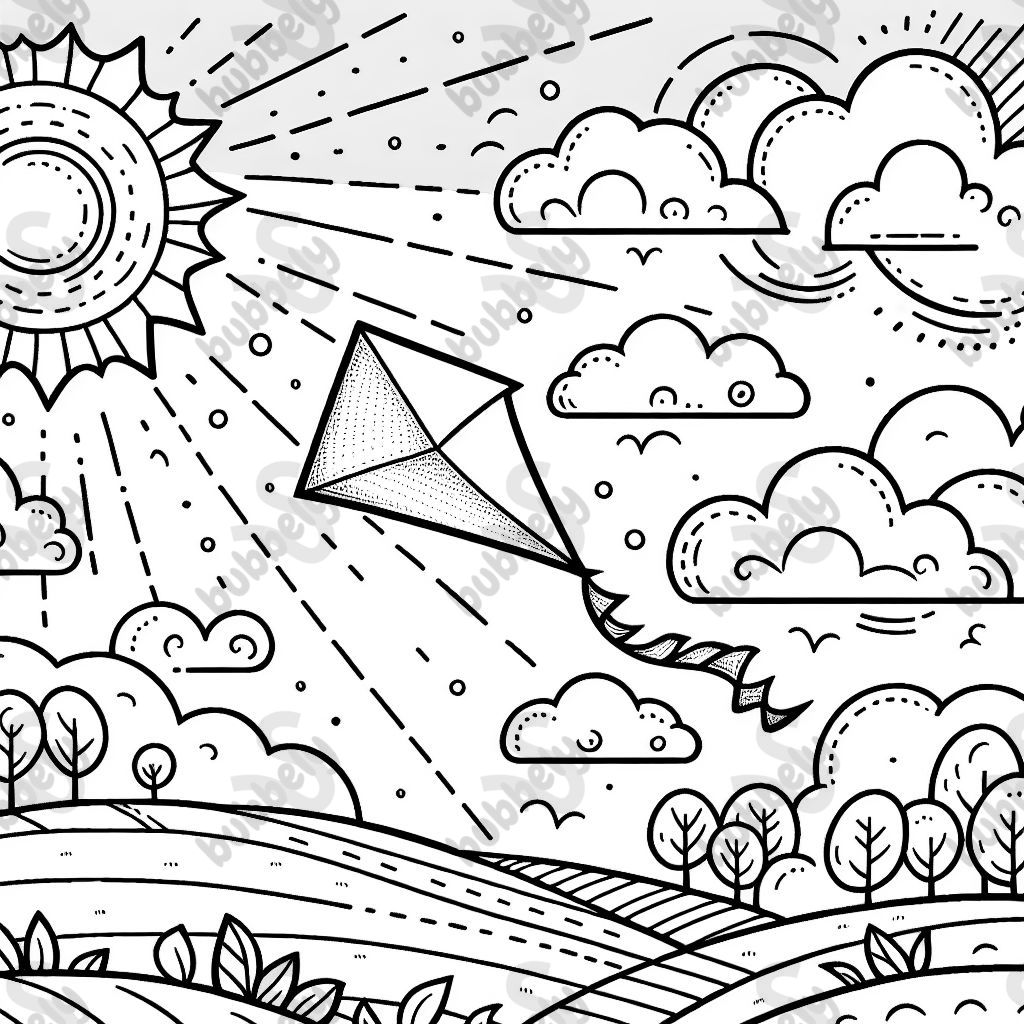 A colorful paper kite is happily flying in a sky with shining sun and fluffy clouds. A colorful paper kite is happily flying in a sky with shining sun and fluffy clouds.