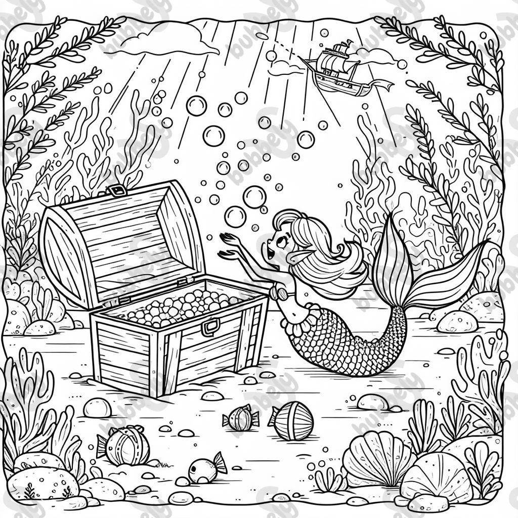 Meerjungrau unter wasser schiffswrack offene schatzkiste stilvoll