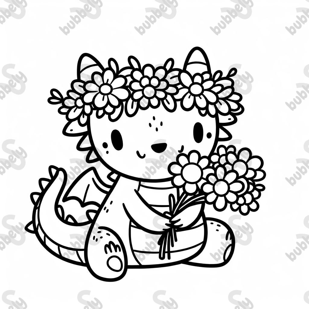 un dragón con una corona de flores en la cabeza y un ramo en las patas un dragón con una corona de flores en la cabeza y un ramo en las patas