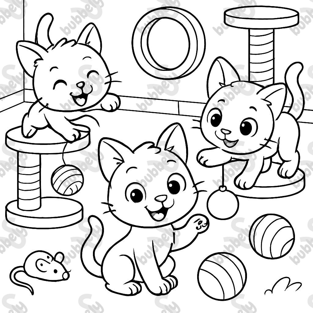 Gatitos jugando en una habitación de gatos con juguetes y postes para rascar por todas partes. Gatitos jugando en una habitación de gatos con juguetes y postes para rascar por todas partes.