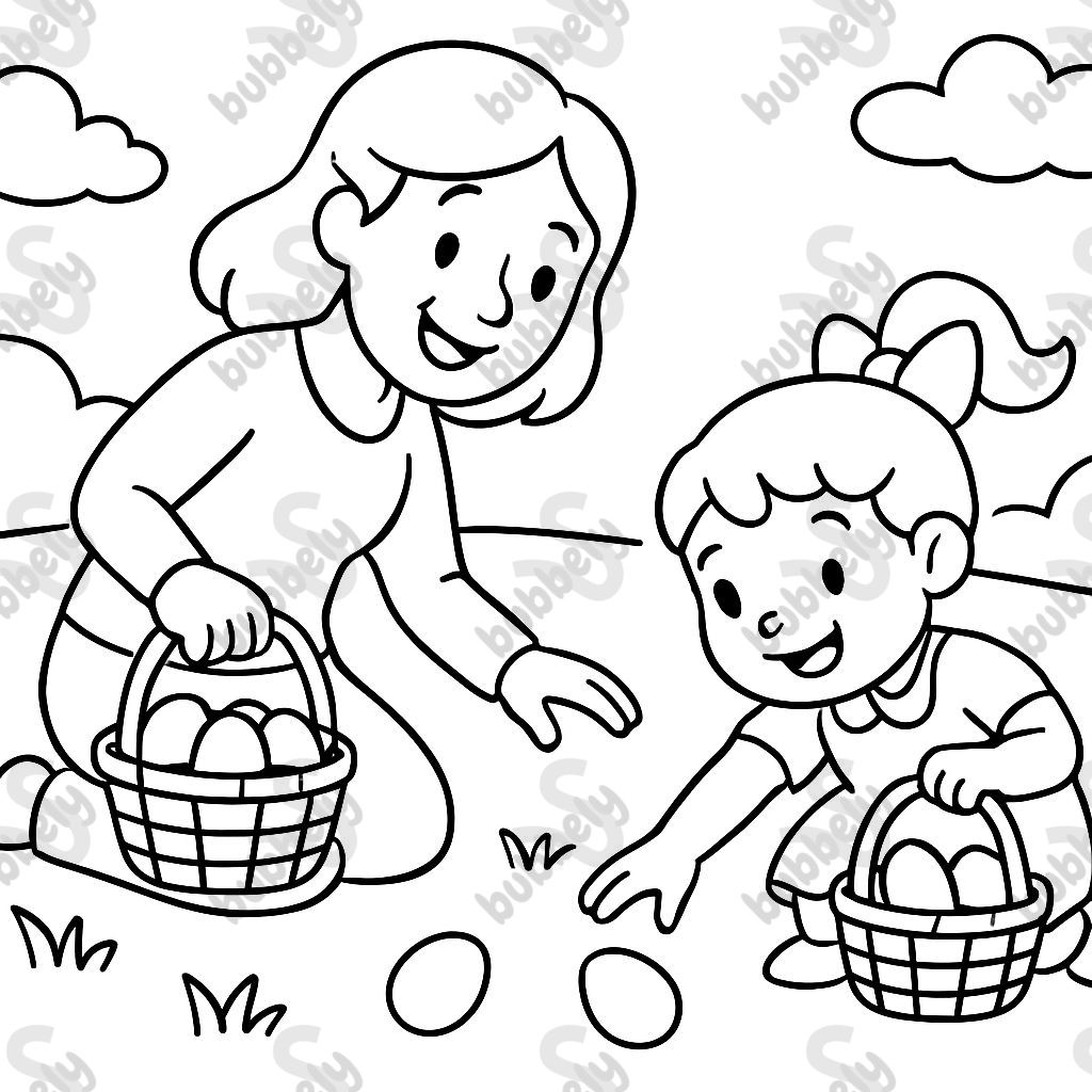 Maman et fille cherchent des œufs de Pâques Maman et fille cherchent des œufs de Pâques