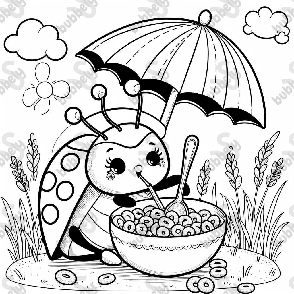 Ein Marienkäfer isst Cerealien unter einem Regenschirm. Ein Marienkäfer isst Cerealien unter einem Regenschirm.