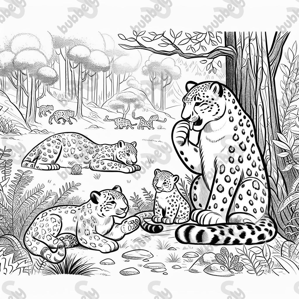 Familia de leopardos de las nieves en el bosque. Papá se lame la pata. El bebé está durmiendo. La hermana mayor está sentada correctamente en el suelo. Mamá está acostada pero despierta. Familia de leopardos de las nieves en el bosque. Papá se lame la pata. El bebé está durmiendo. La hermana mayor está sentada correctamente en el suelo. Mamá está acostada pero despierta.