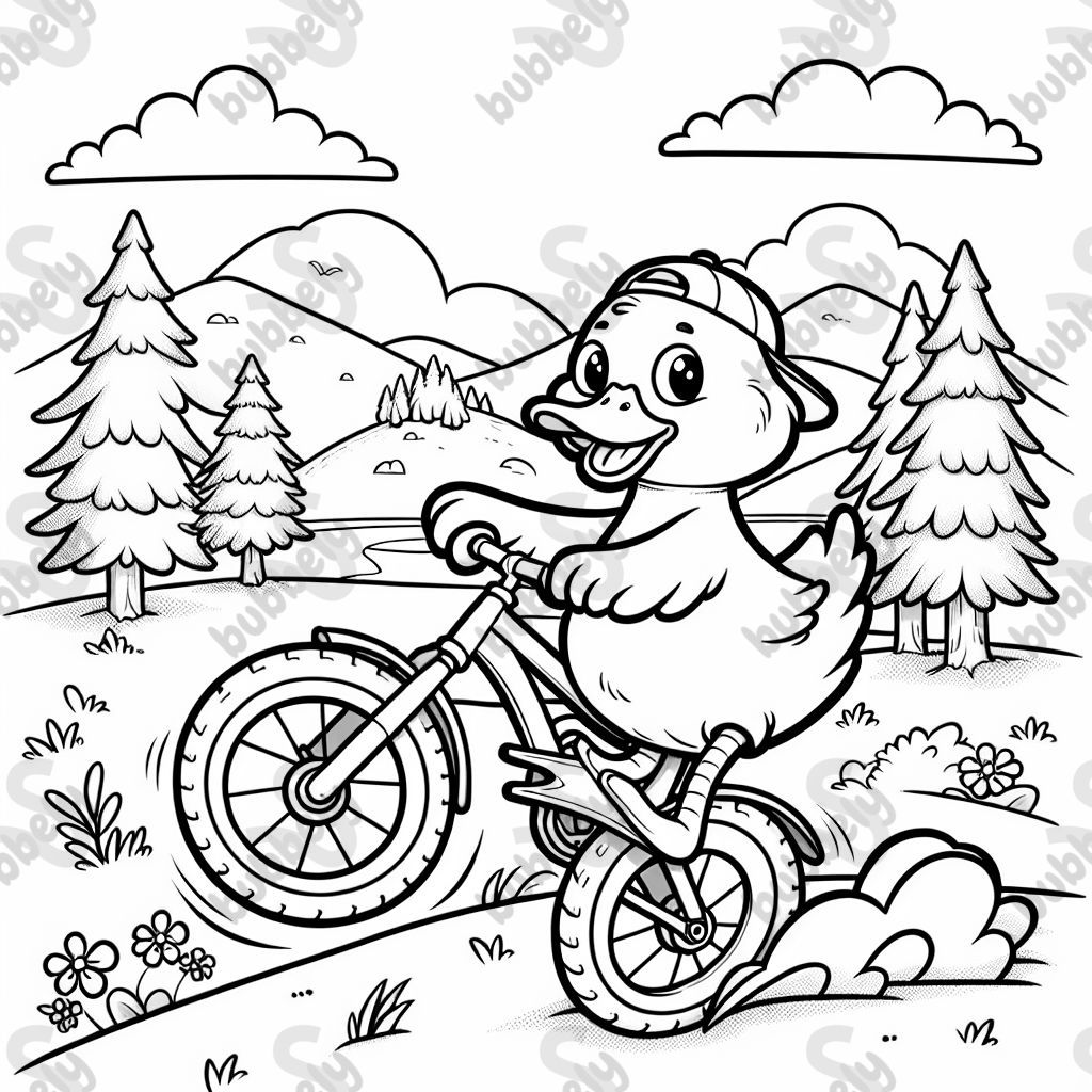 A duck doing a wheelie on a mountain bike