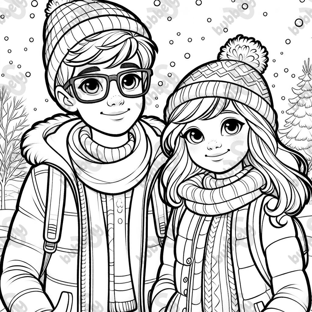 a girl and boy, 19, boy wears glasses, hat, scarf, winter jacket, girl wears winter jacket, both white, round faces, smiling, its snowing a girl and boy, 19, boy wears glasses, hat, scarf, winter jacket, girl wears winter jacket, both white, round faces, smiling, its snowing