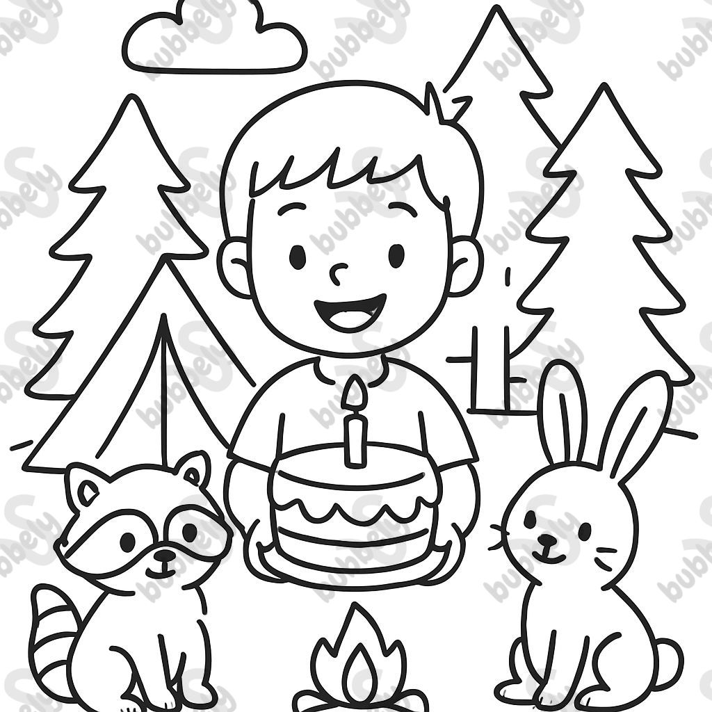 One happy boy holding his first birthday cake with woodland friends in camp. One happy boy holding his first birthday cake with woodland friends in camp.