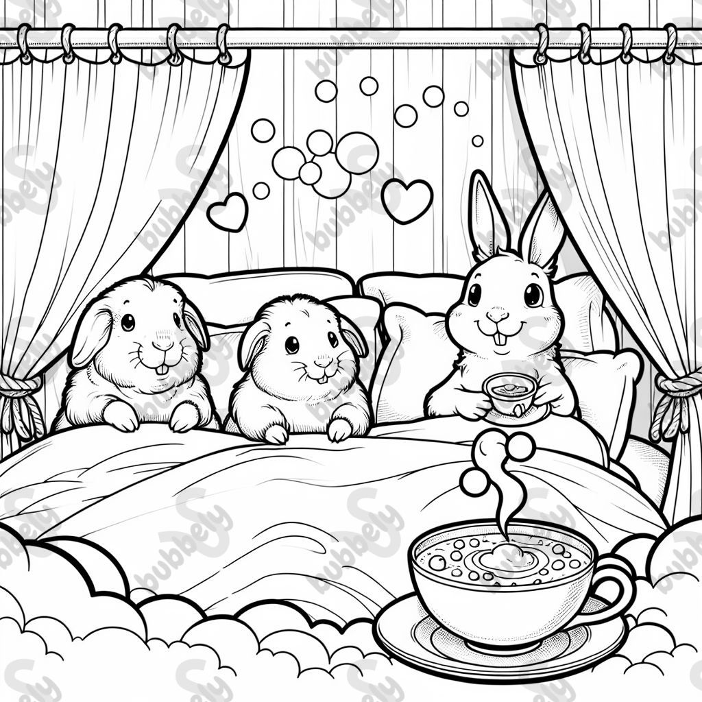 Drei Meerschweinchen und ein Hase mit Kaffee im Bett Drei Meerschweinchen und ein Hase mit Kaffee im Bett