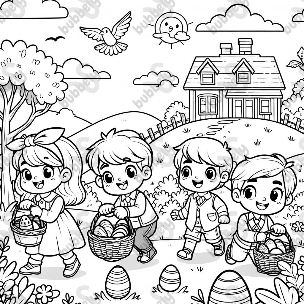 Jungen und Mädchen beim Eier suchen.