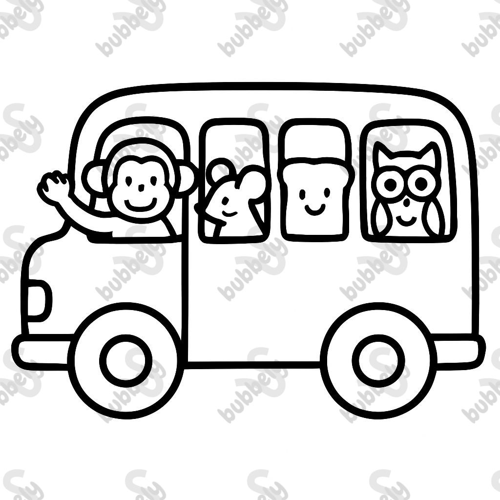 un bus scolaire avec un singe, une souris, du pain grillé et un hibou un bus scolaire avec un singe, une souris, du pain grillé et un hibou
