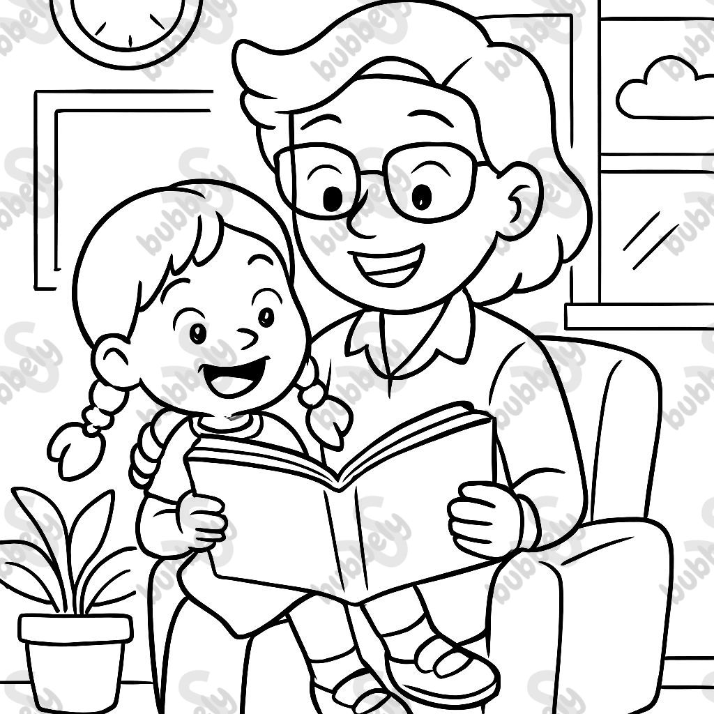 Girl with two braids sitting on teacher's lap and reading. The teacher has glasses. Girl with two braids sitting on teacher's lap and reading. The teacher has glasses.