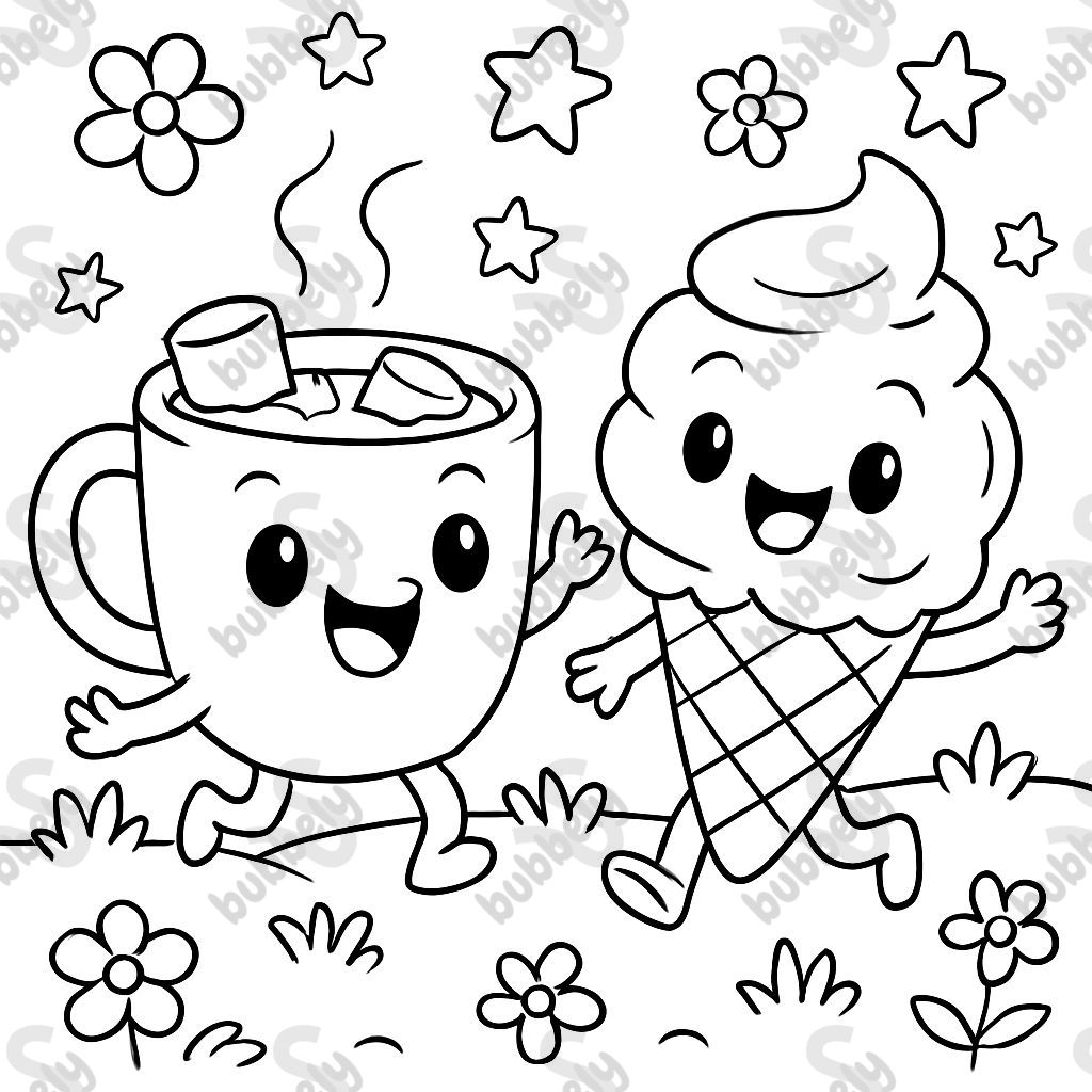 Chocolate caliente lindo y helado en un prado con flores y estrellas en el cielo Chocolate caliente lindo y helado en un prado con flores y estrellas en el cielo