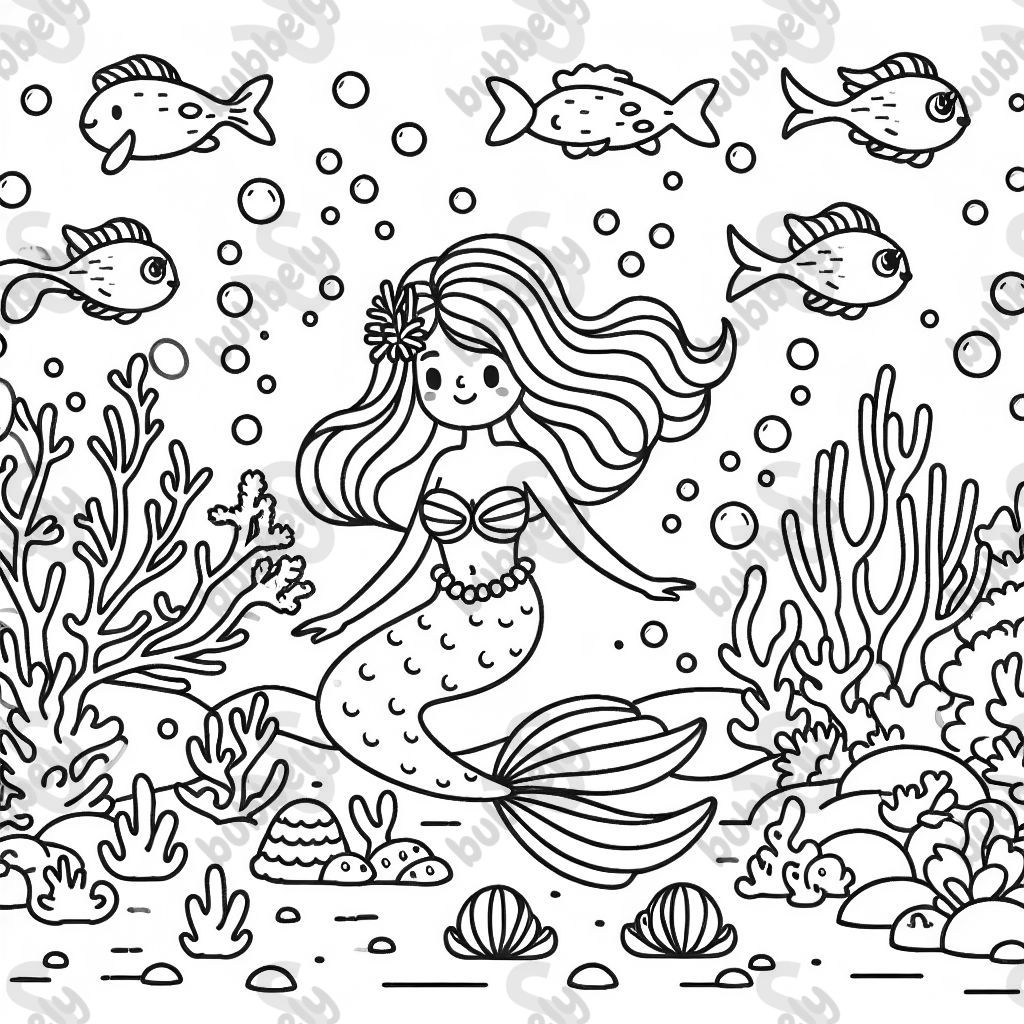A mermaid in a colorful underwater world with a coral reef and many cheerful fish. A mermaid in a colorful underwater world with a coral reef and many cheerful fish.