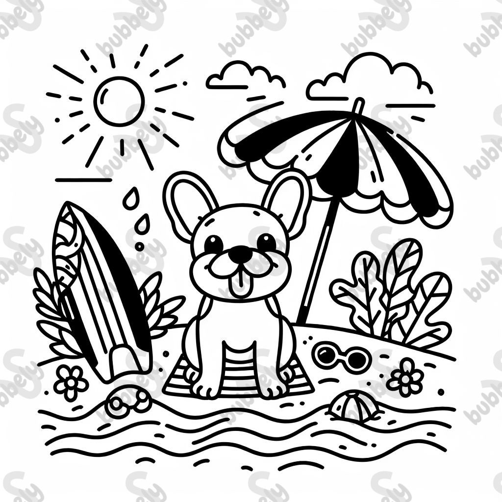 Cute design with bold lines featuring a french bulldog, the beach, a surfboard, a beach umbrella and waves Cute design with bold lines featuring a french bulldog, the beach, a surfboard, a beach umbrella and waves