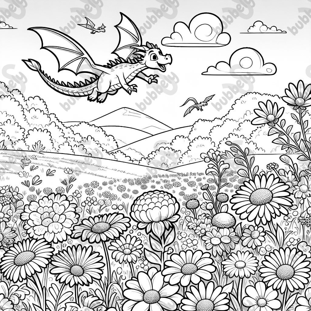 un campo de flores con un dragón encima un campo de flores con un dragón encima