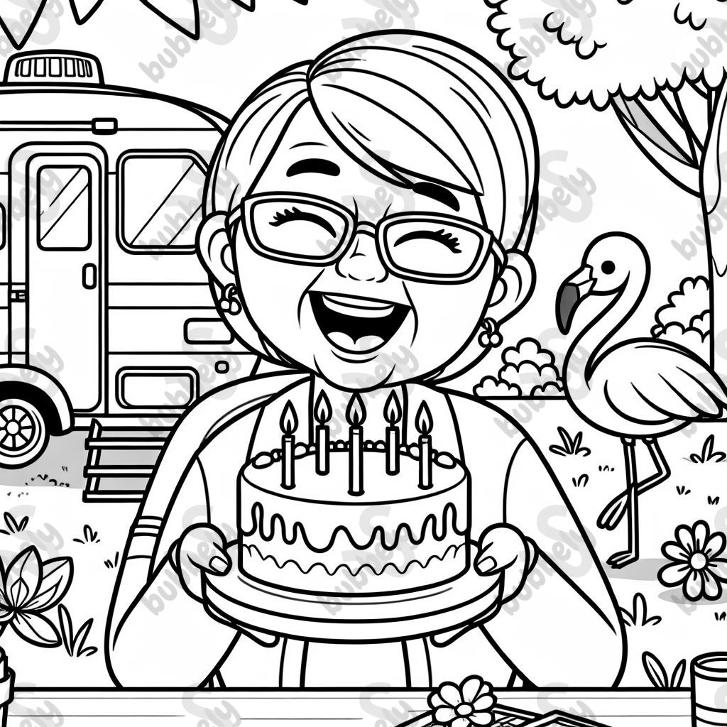 A older woman with short straight hair and glasses blowing out candles on a cake by a camper and flamingo A older woman with short straight hair and glasses blowing out candles on a cake by a camper and flamingo