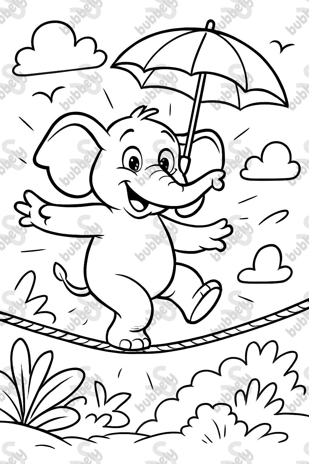 Éléphant équilibré sur une corde raide avec un parapluie à la main Éléphant équilibré sur une corde raide avec un parapluie à la main