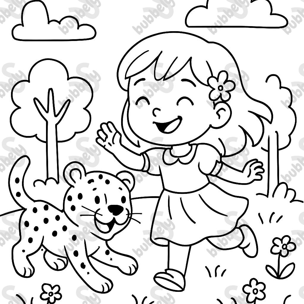 A 5 year old girl wearing a pretty dress playing with a cheetah. A 5 year old girl wearing a pretty dress playing with a cheetah.