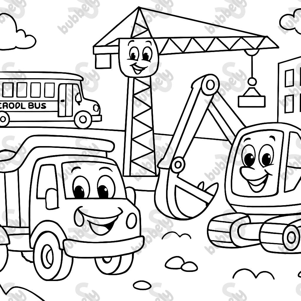 Un camion-benne, une grue et une excavatrice sur un chantier, alors qu'un bus scolaire passe. Un camion-benne, une grue et une excavatrice sur un chantier, alors qu'un bus scolaire passe.