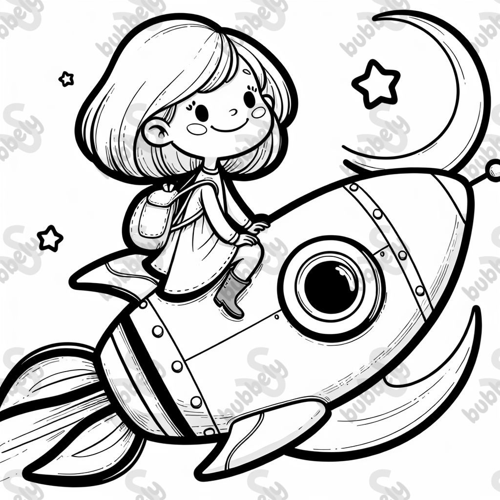 Une fille chevauche une fusée en passant près de la lune. Une fille chevauche une fusée en passant près de la lune.