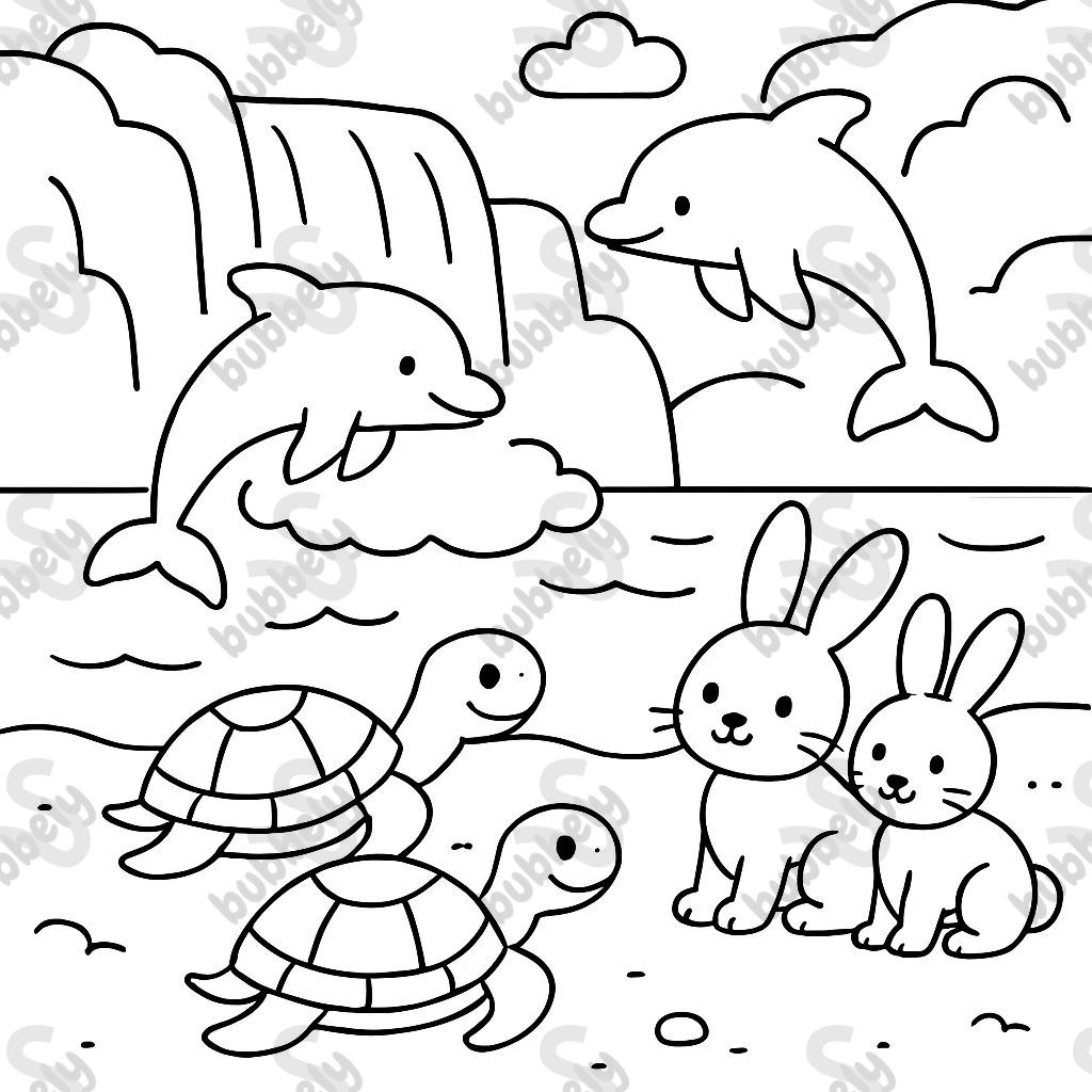 Una cascada en el fondo hacia una playa con delfines saltando fuera del océano, tortugas en la playa y conejitos. Una cascada en el fondo hacia una playa con delfines saltando fuera del océano, tortugas en la playa y conejitos.