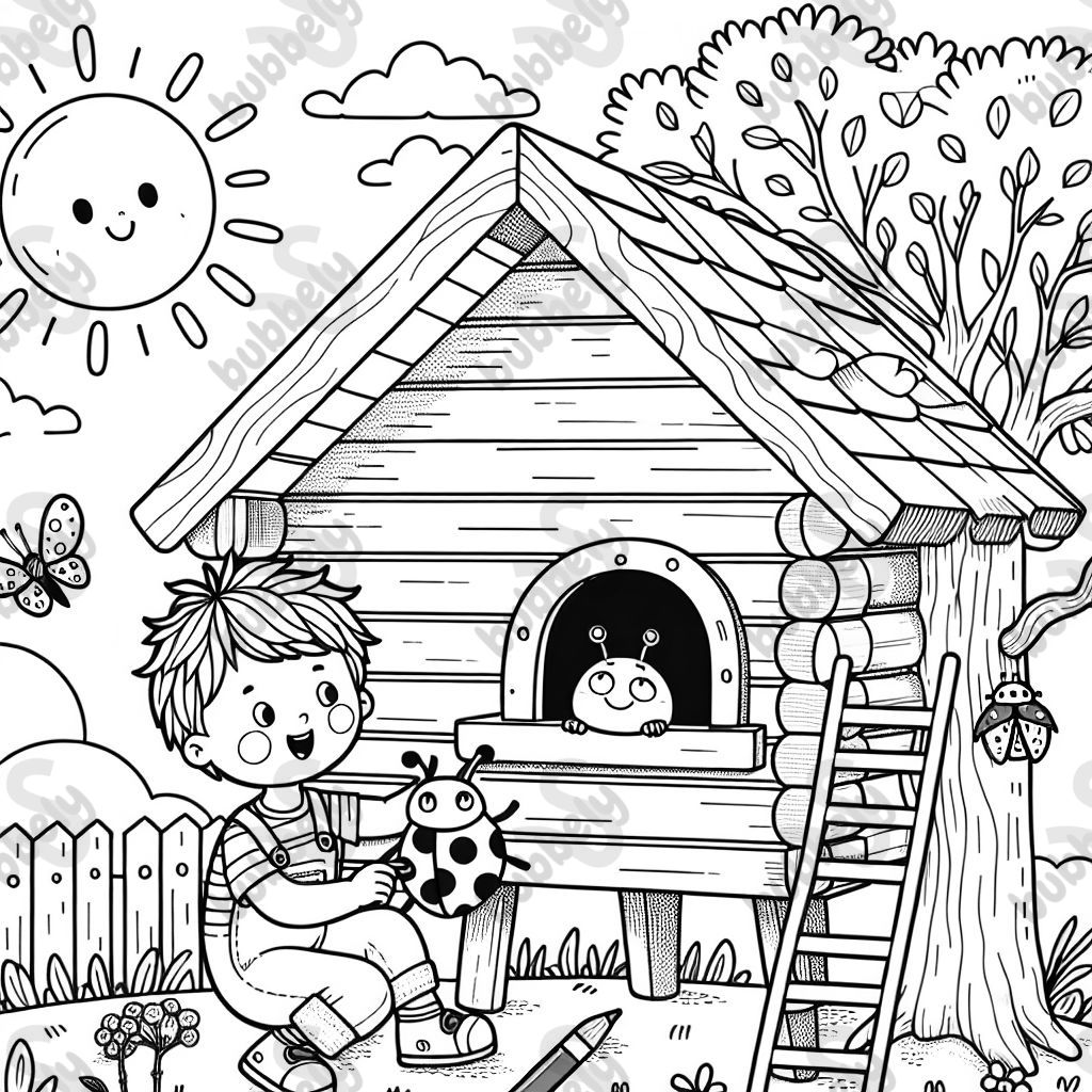 4 jähriger Junge und Marienkäfer in seinem baumhaus 4 jähriger Junge und Marienkäfer in seinem baumhaus