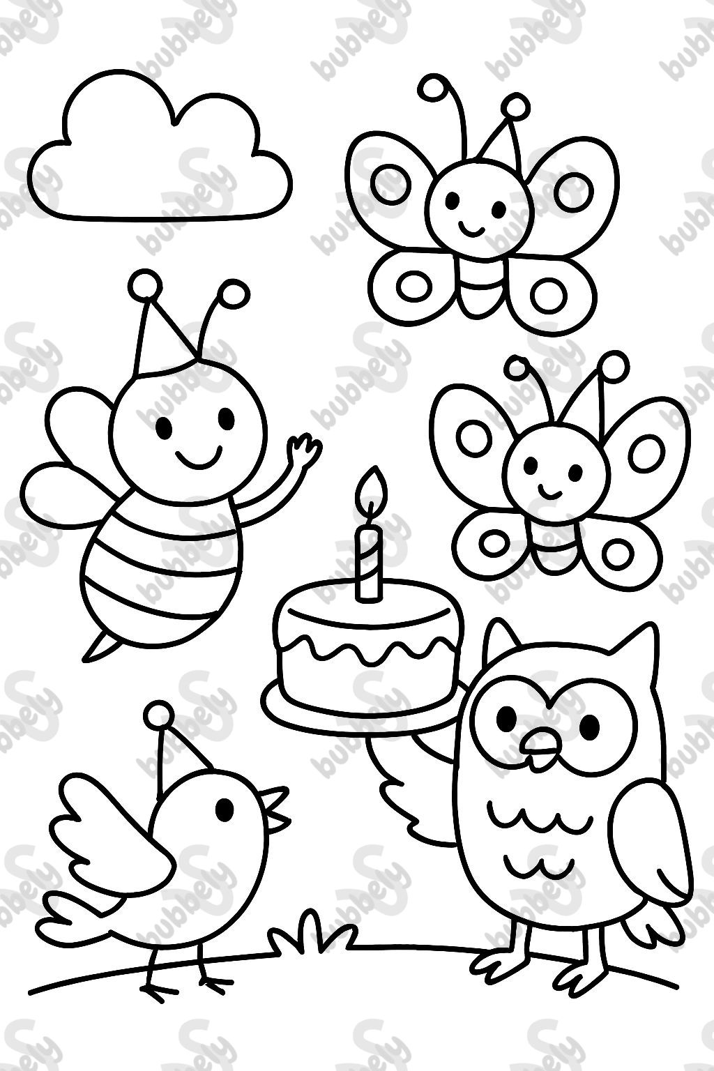 A bee, two butterflies, an owl, and a bird celebrating a birthday A bee, two butterflies, an owl, and a bird celebrating a birthday