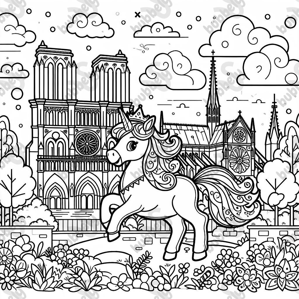 Licorne Notre Dame, une belle page de coloriage avec une licorne magique devant la célèbre cathédrale Notre Dame.