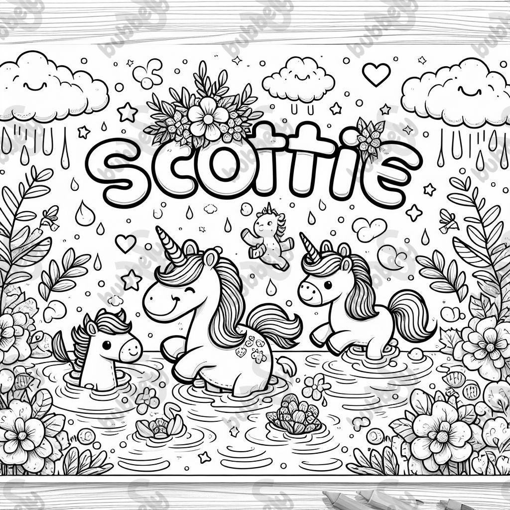 le nom Scottie avec des licornes, des fleurs et de la natation le nom Scottie avec des licornes, des fleurs et de la natation
