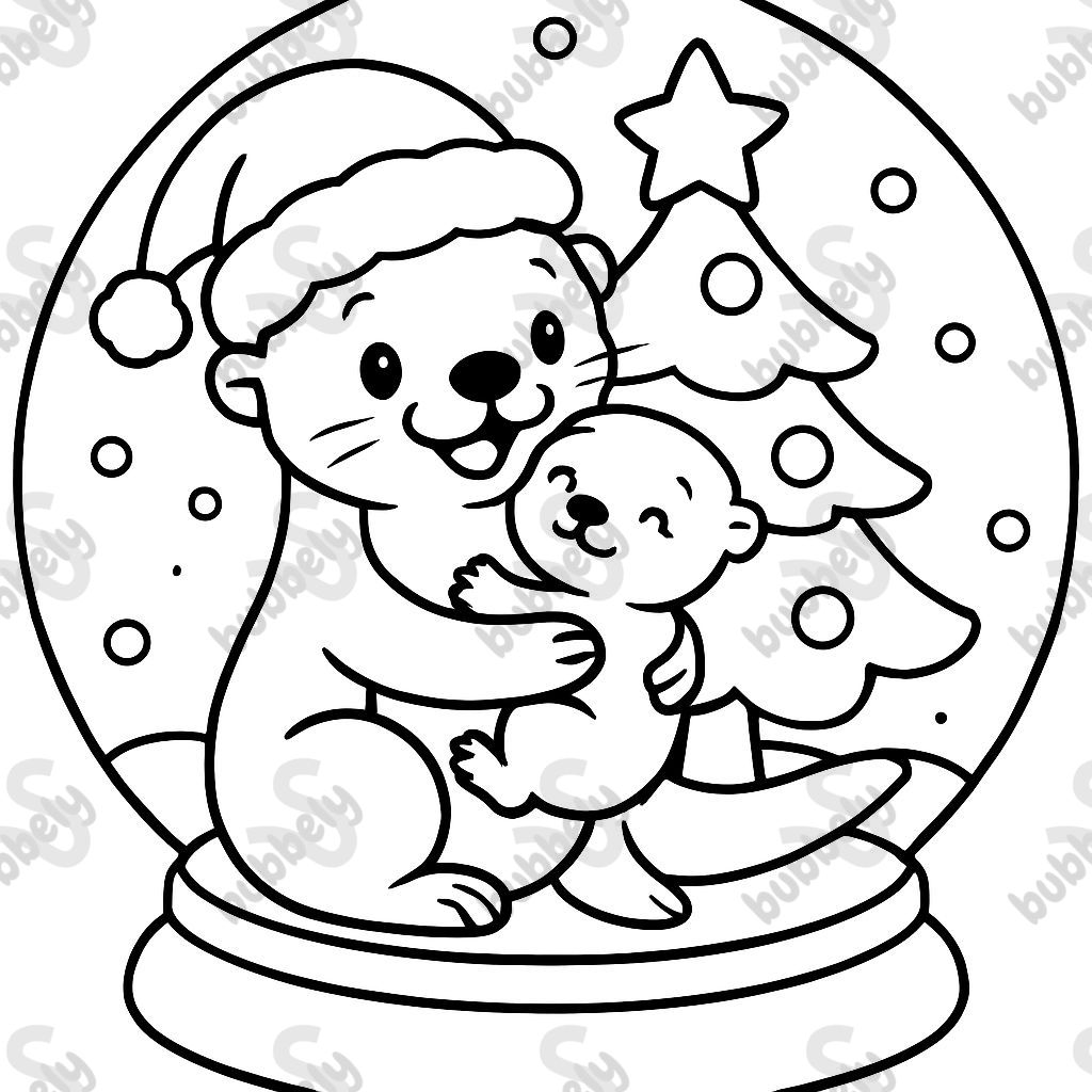 an otter with a baby and Christmas hat and Christmas tree in a snow globe. an otter with a baby and Christmas hat and Christmas tree in a snow globe.