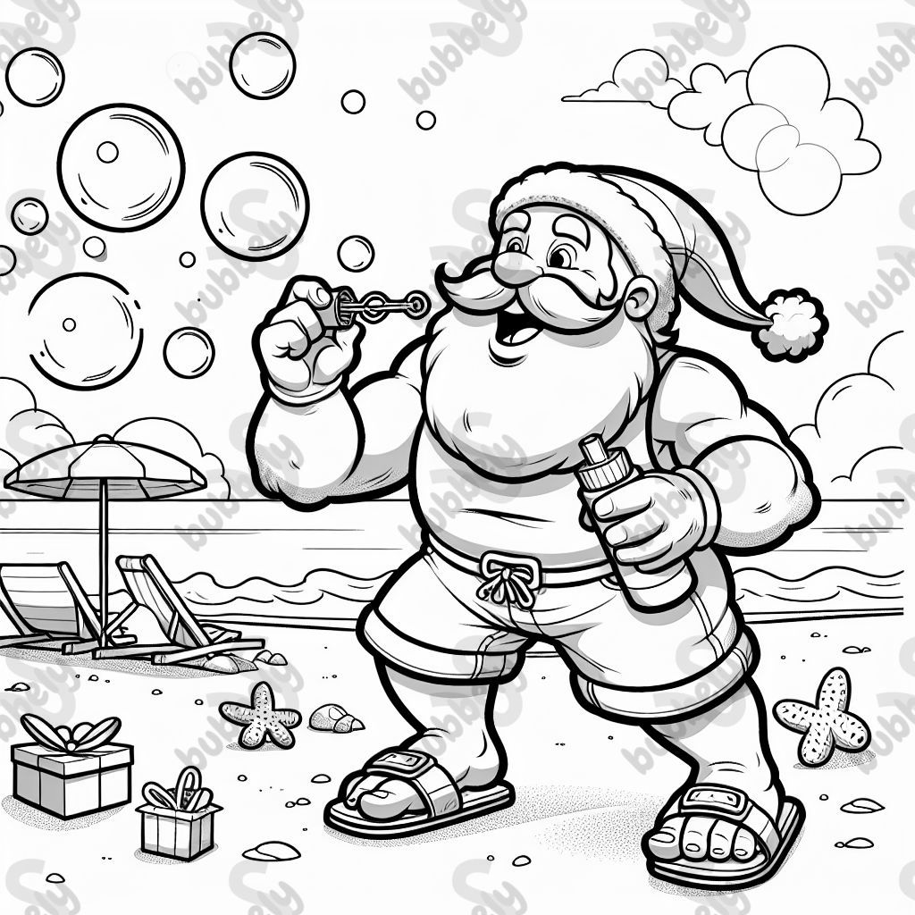 Santa trägt Sandalen und ein Tanktop und bläst Seifenblasen. Santa trägt Sandalen und ein Tanktop und bläst Seifenblasen.