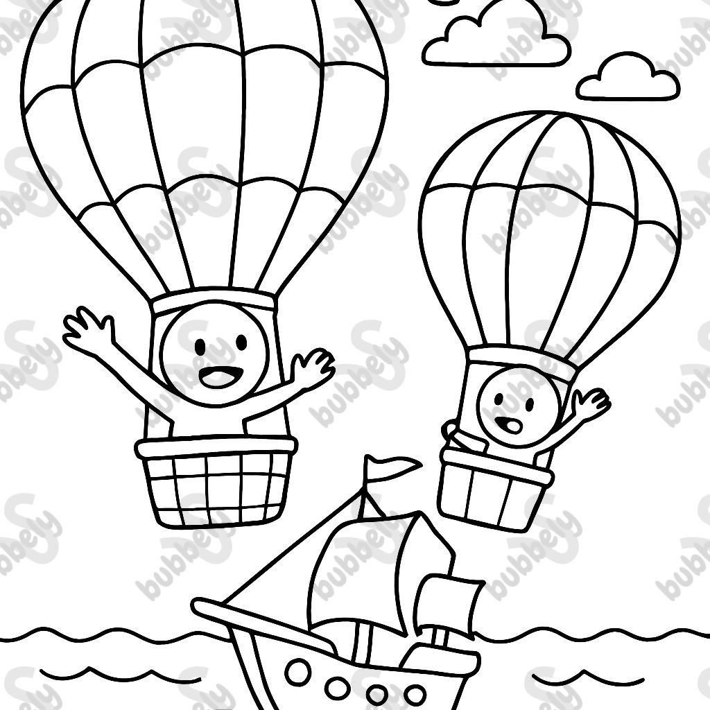 2 hot air balloons in the sky above the sea with a ship without faces 2 hot air balloons in the sky above the sea with a ship without faces