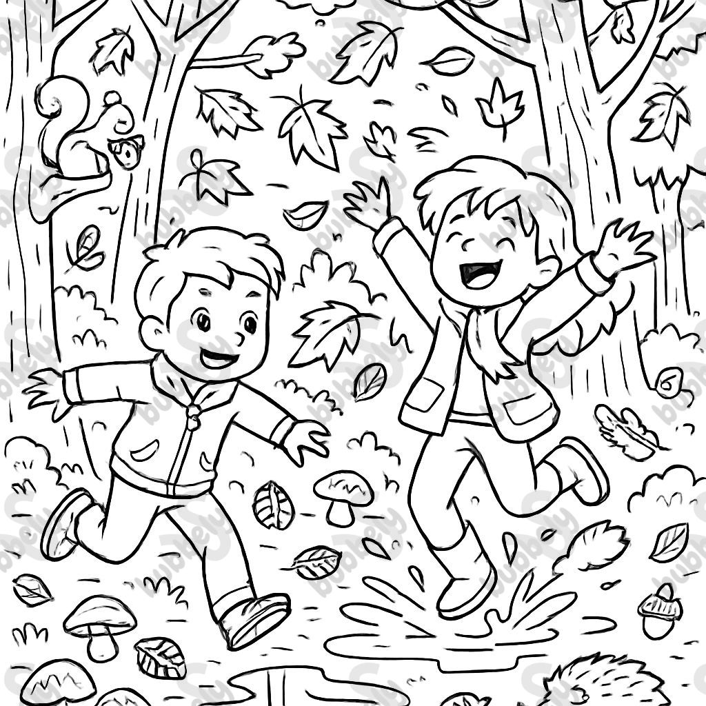 Autumn forest with trees, leaves, mushrooms, pine cones, acorns, children playing, squirrels, hedgehogs, puddles. Autumn forest with trees, leaves, mushrooms, pine cones, acorns, children playing, squirrels, hedgehogs, puddles.