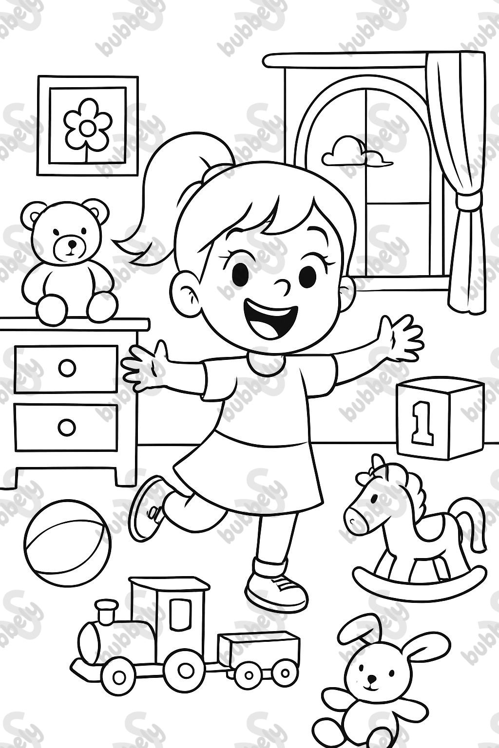 Fille de 6 ans avec une queue de cheval dans sa chambre pleine de jouets Fille de 6 ans avec une queue de cheval dans sa chambre pleine de jouets