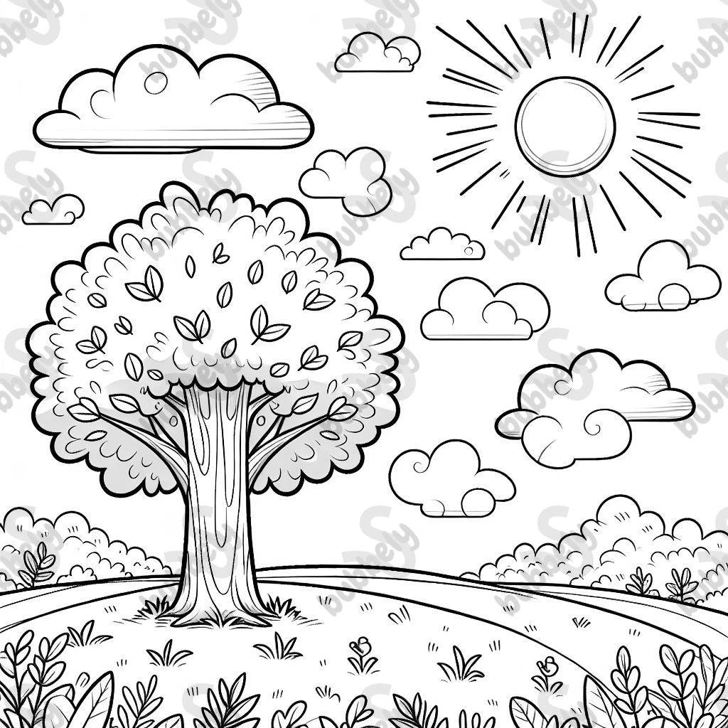 einen Baum auf einer Wiese. An dem Baum hängen nur Blätter. Am Himmel sollen ein paar Wolken sein und die Sonne. einen Baum auf einer Wiese. An dem Baum hängen nur Blätter. Am Himmel sollen ein paar Wolken sein und die Sonne.