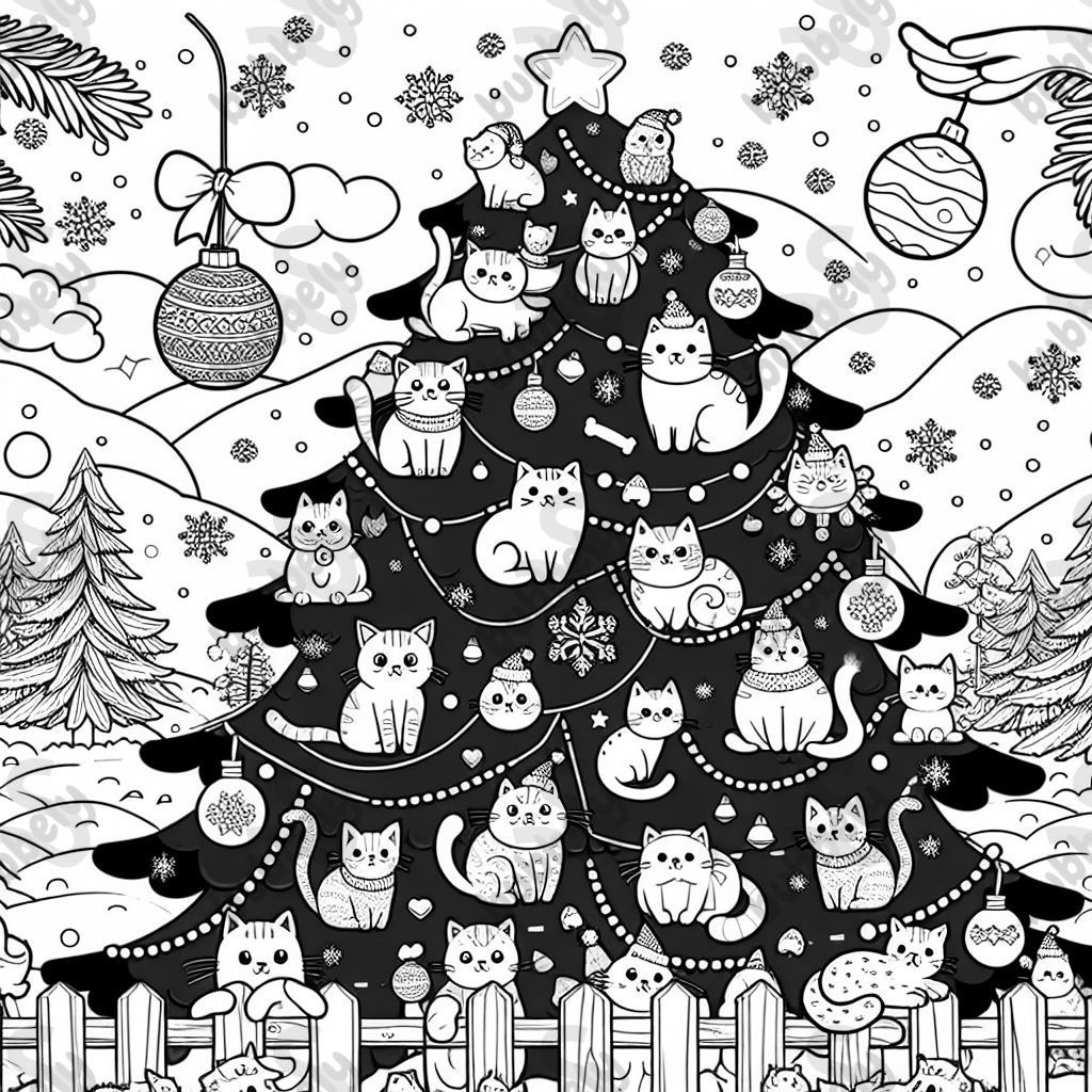 A large Christmas tree decorated with different types of cats