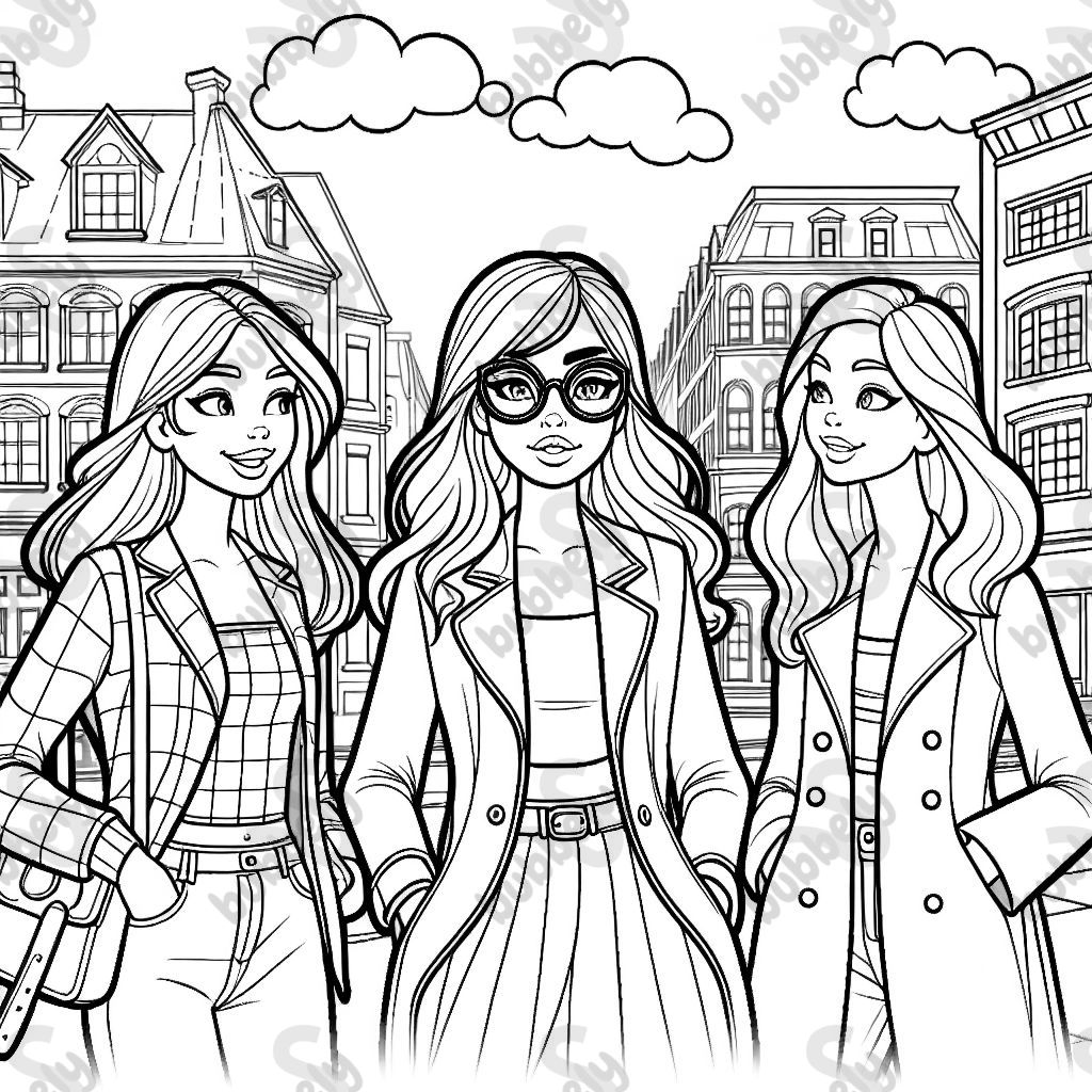 3 young women are walking through the city and talking. 2 women with long brown hair, one with shoulder-length blonde hair and large glasses 3 young women are walking through the city and talking. 2 women with long brown hair, one with shoulder-length blonde hair and large glasses