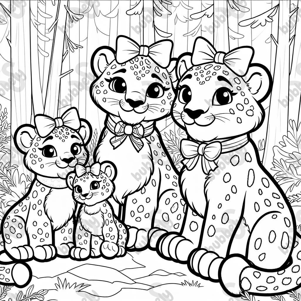 Familienschneeleoparden mama papa und 2 Töchter mit einer schleife am Kopf Im Wald ohne Klamotten Familienschneeleoparden mama papa und 2 Töchter mit einer schleife am Kopf Im Wald ohne Klamotten