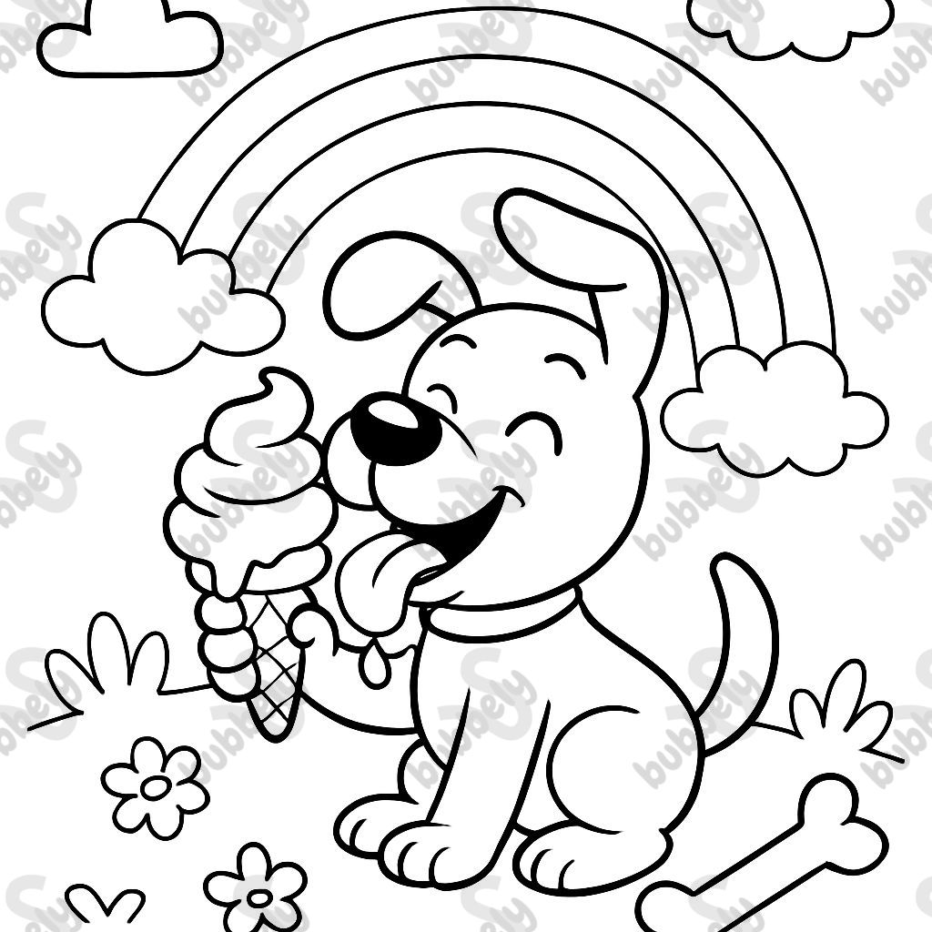 Lustiger Hund, der Eiscreme isst, schwarzer Knochen und Regenbogen Lustiger Hund, der Eiscreme isst, schwarzer Knochen und Regenbogen