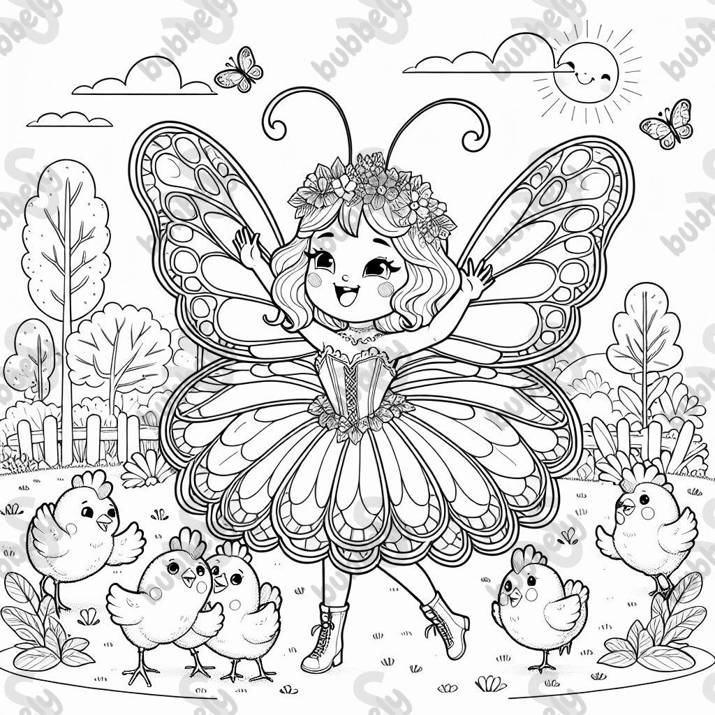 A young girl in a butterfly costume surrounded by chickens. A young girl in a butterfly costume surrounded by chickens.