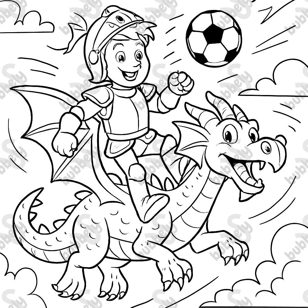 Un garçon assis sur un dragon en costume de chevalier jouant au football Un garçon assis sur un dragon en costume de chevalier jouant au football