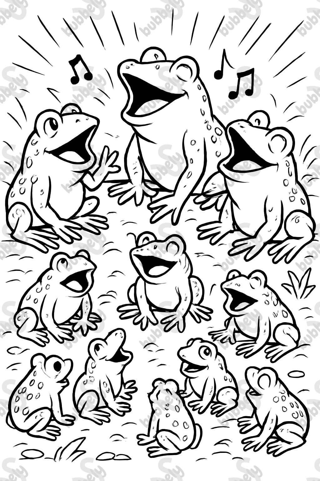 12 grenouilles. 9 d'entre elles sont petites, 3 sont grandes. Elles sont toutes assises en cercle sur le sol et chantent. 12 grenouilles. 9 d'entre elles sont petites, 3 sont grandes. Elles sont toutes assises en cercle sur le sol et chantent.