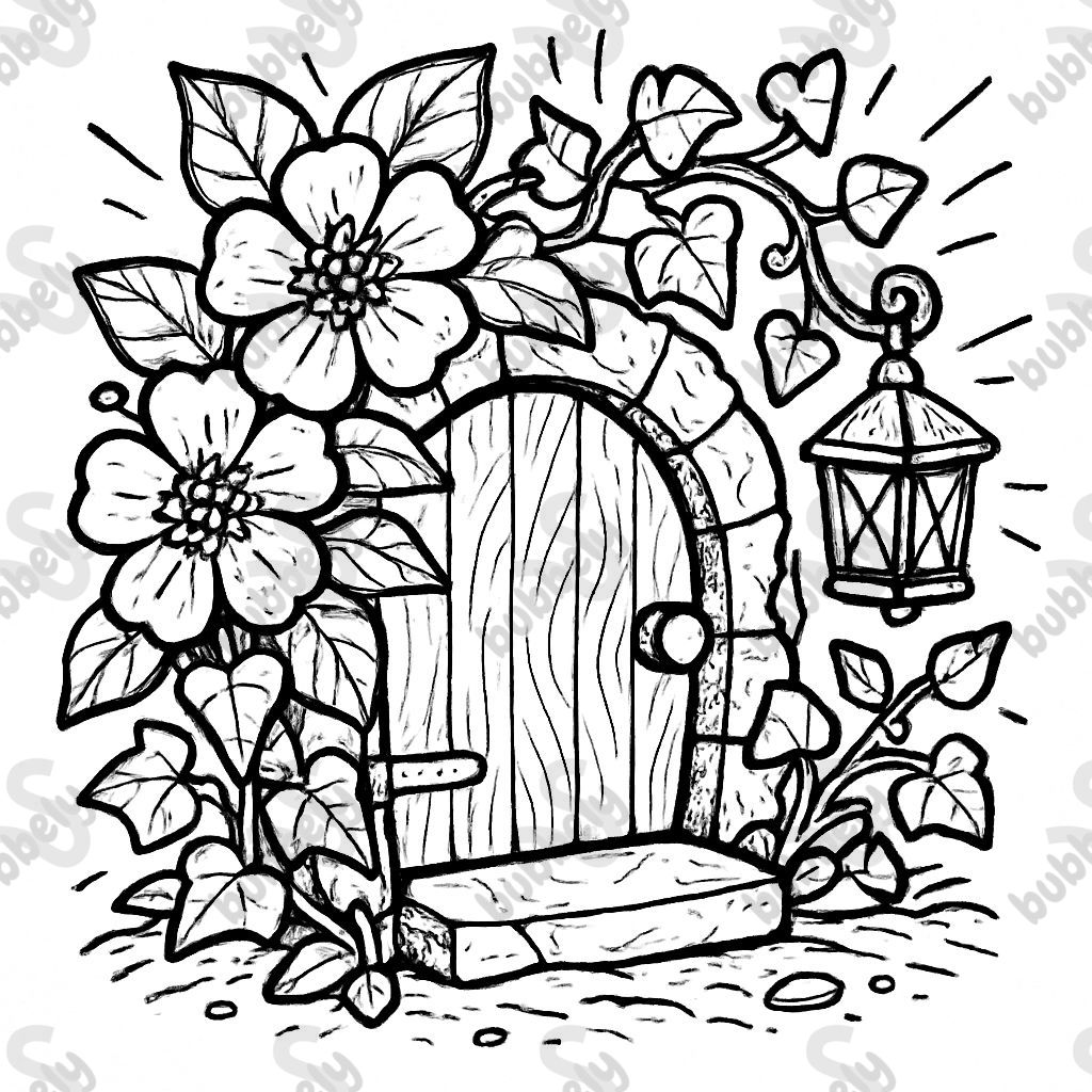 Coloring page, detailed view of a small round fairy door on the ground. The door is surrounded by flowers and ivy. A small lantern hangs nearby. Thick simple black lines, please draw the texture in gray. Line art style. White background. Coloring page, detailed view of a small round fairy door on the ground. The door is surrounded by flowers and ivy. A small lantern hangs nearby. Thick simple black lines, please draw the texture in gray. Line art style. White background.