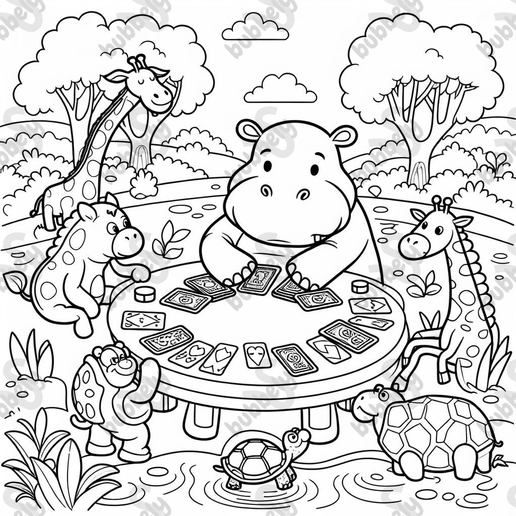 Un hippopotame solennel jouant au poker avec d'autres animaux du zoo Un hippopotame solennel jouant au poker avec d'autres animaux du zoo