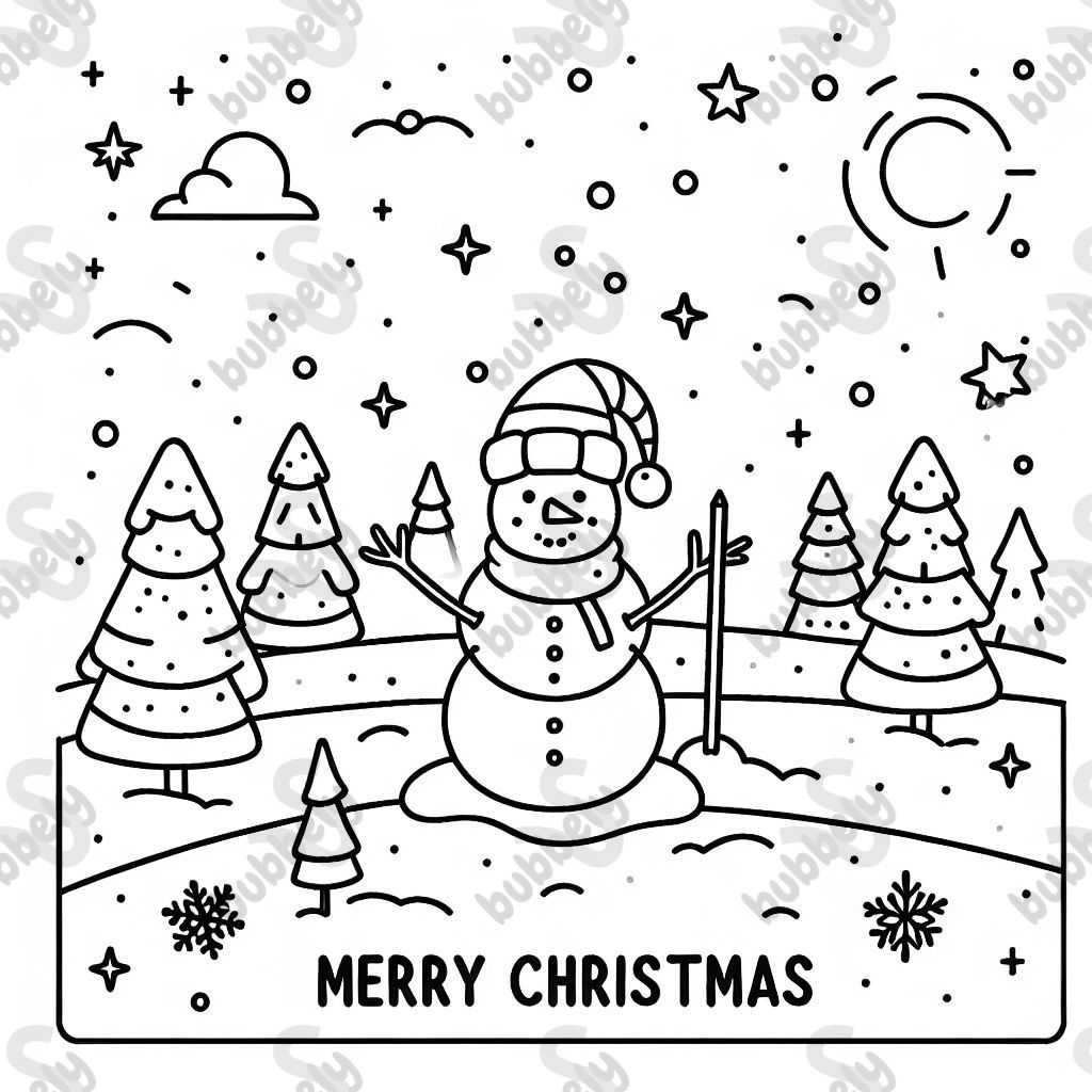 Schneemann in schneeflandschaft mit Tannenbäumen, sternen, einem schild "nordpol" und ein Schriftzug "Frohe Weihnachten" Schneemann in schneeflandschaft mit Tannenbäumen, sternen, einem schild "nordpol" und ein Schriftzug "Frohe Weihnachten"