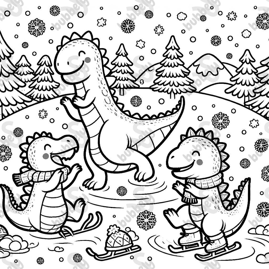Dinosaurs playing in the snow