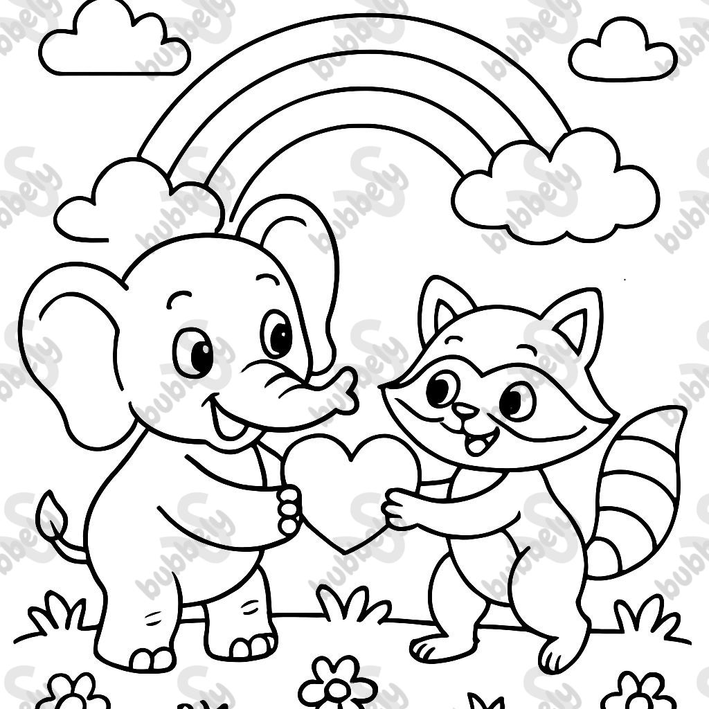 An elephant giving a heart to a raccoon under a rainbow. An elephant giving a heart to a raccoon under a rainbow.