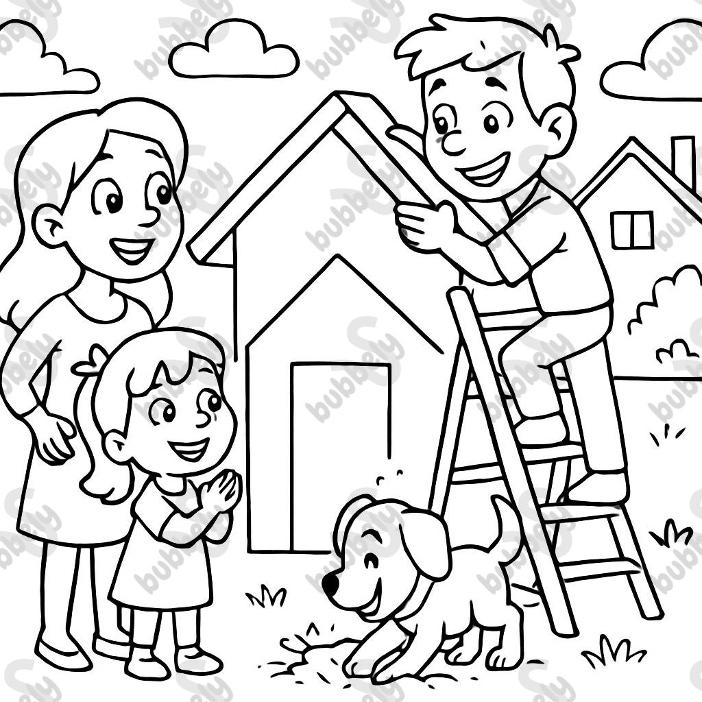 Eine Familie mit Mutter, Vater, kleines Mädchen und Hund, die ein Haus bauen. Der Vater steht auf einer Leiter und der Hund buddelt ein Loch. Die Mutter und das Mädchen gucken zu. Eine Familie mit Mutter, Vater, kleines Mädchen und Hund, die ein Haus bauen. Der Vater steht auf einer Leiter und der Hund buddelt ein Loch. Die Mutter und das Mädchen gucken zu.